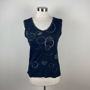 Kikit Vintage Black Beaded Sequin Geometric Lace Blouse Top Women Medium New